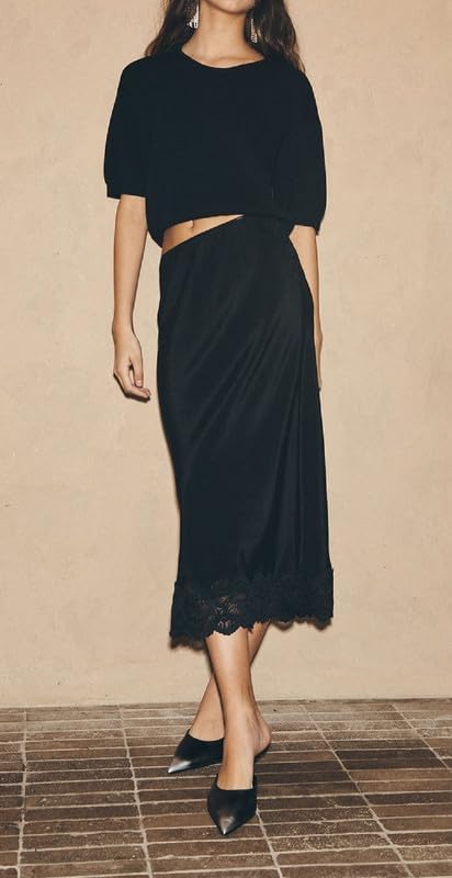 Women Silk Satin Half Slip Long Skirts Lace Patchwork Elastic Waist Long Skirt Elegant Silky Flowy A Line Midi Skirts - Image 3