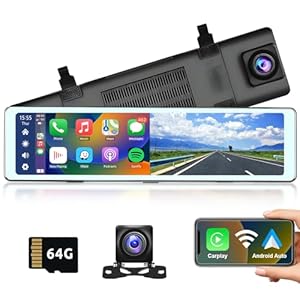 Front & Rear View Camera Car Driving Recorder with Wireless Carplay Android Auto Car in-Mirror Mounted Dash Cam 11.26-inch IPS Touchscreen Support DVR Voice Control Bluetooth Call FM Transmitter