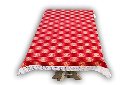 Image of The Furnishing Tree Waterproof PVC Rectangle Shaped 6 Seater Table Cover WxL 60x90 inches Gingham Pattern Red with White Border lace
