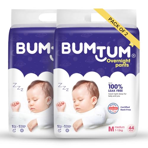 Image of Bumtum Baby Overnight Diaper Pants - Size M (7-12 kg), 88 Count | All night Absorption with Pillow Soft Comfort | No Leak | 100% Rashfree | With soothing Chamomile Microbial Layer | Pack of 2