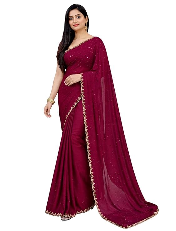 indian fashionista Women's Georgette Stone Work with Border & All-Over Stone Embellishments Saree with Blouse Piece (5.5m Saree + 0.8m Blouse)-picture-13