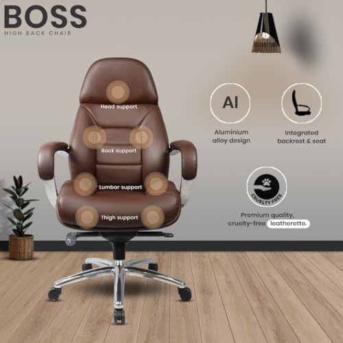 Image of Make My Chairs Boss High Back Ergonomic Leatherette Office Chair with 5 Star Strong Aluminium Base | Directors & MD Chairs | Executive Premium Chair (Brown,3 Years Warranty)