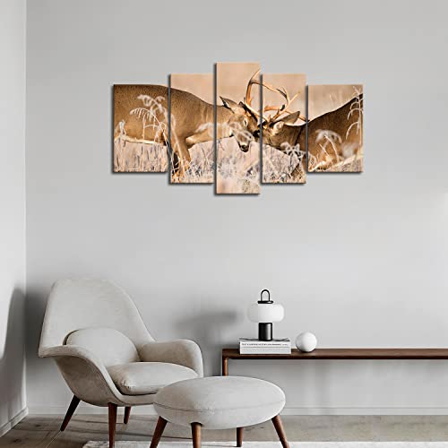5 Panel Wall Art White Tailed Deer Bucks Sparring Painting Pictures Print On Canvas Animal The Picture For Home Modern Decoration Piece (Stretched By Wooden Frame,Ready To Hang) #TOP4