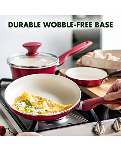 Image of GreenPan Rio Healthy Ceramic Nonstick 16 Piece Cookware Pots and Pans Set, PFAS-Free, Dishwasher Safe, Red