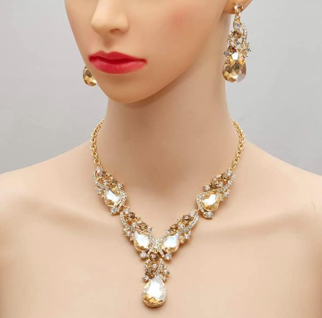 Secret for Longevity Gold Tone Antique Style Art Deco Amber Honey Yellow Topaz Citrine Champagne Rhinestone Statement Wedding Bridal Prom Chunky Statement Earrings Necklace Gift Set - Image 4