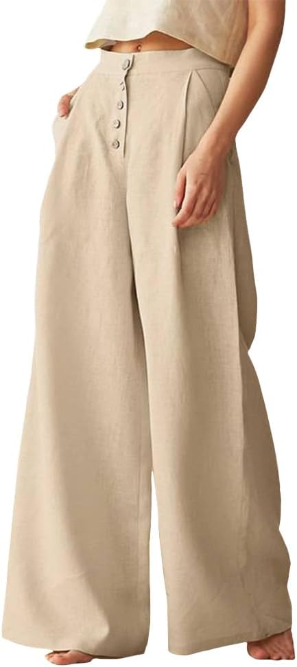 Bengbobar Summer Linen Pants for Women Wide Leg High Waisted Cotton Linen Palazzo Casual Palazzo Pants with Pockets