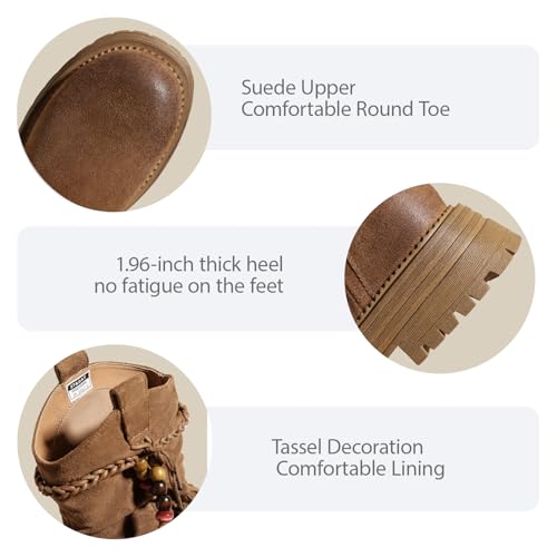 Women'S Suede Braided Fringe Strap Platform Chunky Heel Slouchy Mid-Calf Boots Autumn Winter Pull-On Lug Sole Low Block Heel Wide Width Boots3