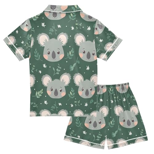 ALAZA Cartoon Koala Green Pajamas Satin Pajama Set Short Sleeve Button Down Sleepwear2