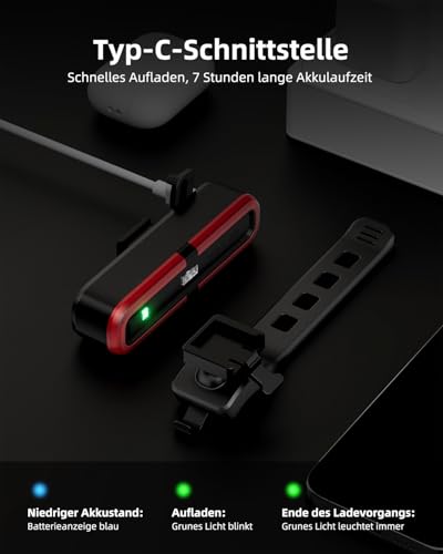 OnMeto Fahrrad Rücklicht, Led Rücklicht Fahrrad USB Type-C Wiederaufladbares Fahrradlicht hinten Rücklicht Ebike IPX5 Wasserdicht für Rennrad, MTB, E-Bike (Schwarz)