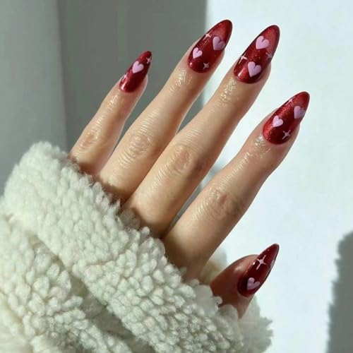 Press on Medium Acrylic French False Nails Almond Shaped with Designs, Glossy Full Cover Pointed Artificial Fake Nails with Charms, Glue Stick Ons for Women (X0297)