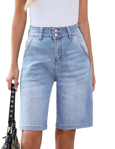 TOSATISFINE Jean Shorts for Women High Waisted Stretchy Denim Bermuda Shorts Knee Length Summer Casual Jorts Light Blue L