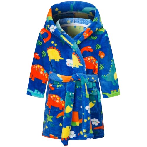 FILOWA Dressing Gown Boys Kids Bathrobe Fluffy Hooded Robe Flannel Sleepwear Fleece Supersoft Warm Pajamas Cartoon Shower Robe Nightgown Housecoat for Toddler Children 3-4 Years