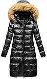 CREATMO US Women's Plus Size Shiny Puffer Ski Snow Jacket Heavyweight Long Length Cold Weather Faux Fur Coat Shine Black 5XL