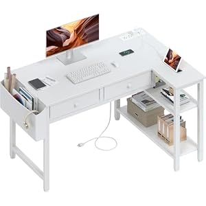 Small White 40 Inch L Shaped Corner Desk with Drawers & Storage Shelves
