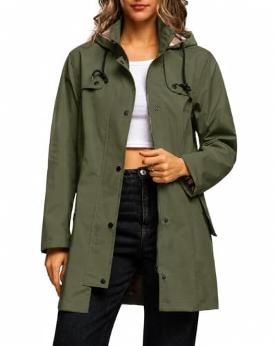 HZXVic Rain Jacket Women Waterproof Raincoat Lightweight Hooded Rain Coats For Women Waterproof Trench Coats Long Lined Windbreaker(Olive Drab,L)
