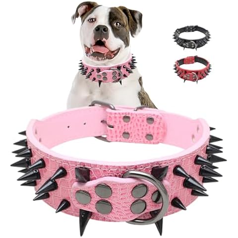 Spiked Dog Collar, Sharp Spike Studded Anti-Bite Protect Pets Neck Adjustable for Medium Large Breed Dogs as Mastiff Pitbull Pug Bulldog, Black Rivets 2-Inch Wide Pink Leather 21-24" Cover