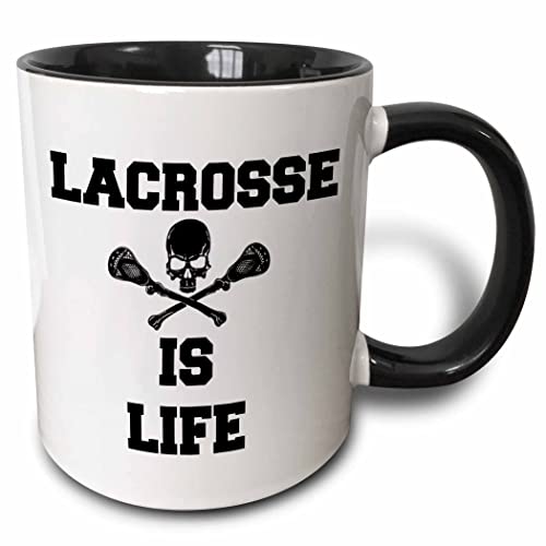 3dRose Lacrosse is life picture of black skull and lacrosse sticks 15oz Two-Tone Black Mug