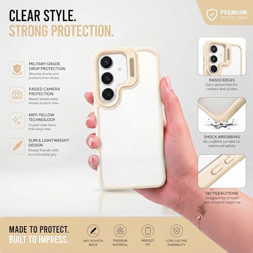 Image of amazon basics Frosted Matte Case for Samsung Galaxy S24 5G | Built-in Flip-Out Camera Lens Stand | Translucent Back with Contrast White Bumper | Shockproof Protective Cover with Foldable Kickstand