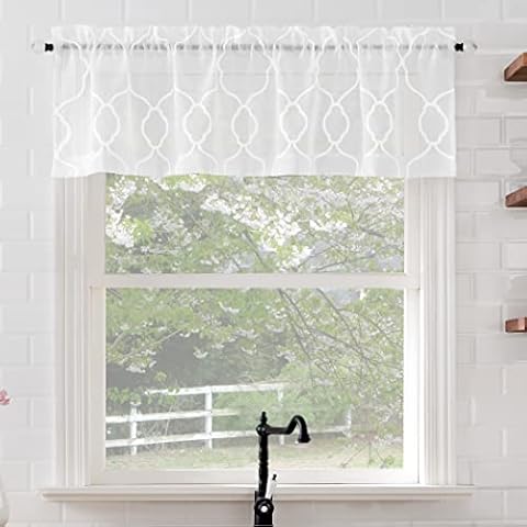 No. 918 Allerton Embroidered Trellis Rod Pocket Kitchen Curtain Valance, 52" x 14", White Cover