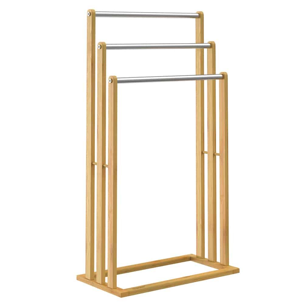 Porte-Serviettes en Bambou sur Pied avec 3 Barres Support pour Serviettes Étagère de Salle de Bain