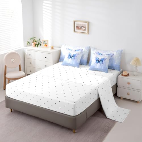 Image of Feelyou Butterfly Comforter Set with Sheets 7 Piece King Size Dreamy Princess Bedding Set for Kids Boys Girls Glitter Bed in a Bag Watercolor Butterflies Room Decor Soft Lightweight Microfiber