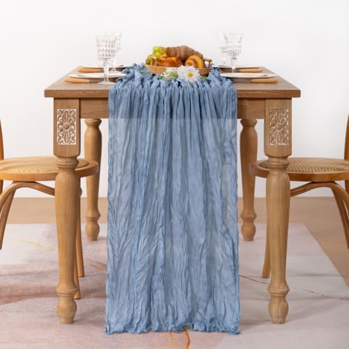 Image of MLMC Dusty Blue Table Runner 10ft Boho Gauze Blue Cheesecloth Table Runner Rustic Cheese Cloth Centerpiece 35x120 Inches for Wedding Bridal Shower Baby Shower Party Decor