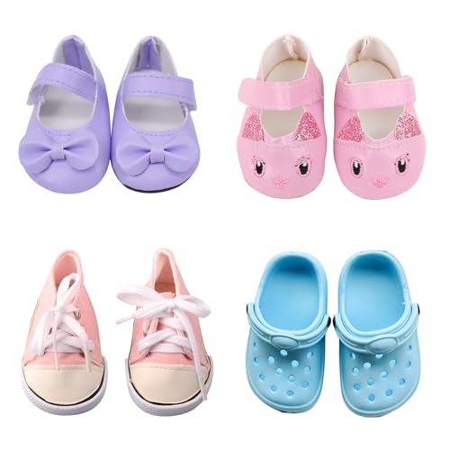 4 Paar Puppen Schuhe Zubehör Set 14-18 Zoll Bunte Puppenzubehör mit 1 Hasenschuhe 1 Lederschuhe 1 Sandalen 1 Leinenschuhe 35-45cm Puppe Zubehör für Baby Puppen Puppenschuhe Geschenk für Mädchen