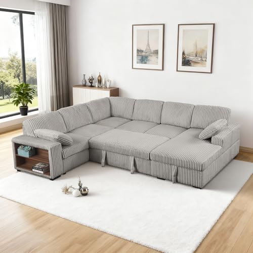 Image of ERYE 117-Inch Oversized U-Shaped Pull Out Sleeper Couch Bed, Modern U Shaped Sleeper Sectional Sofa Corner Convertible Sofa Bed with Storage Chaise and Cabinet for Living Room