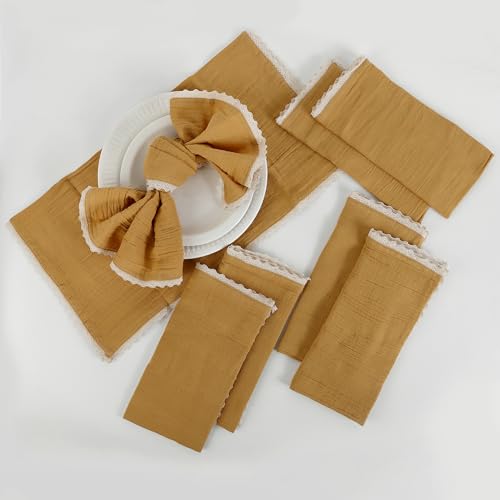 Image of FINGERCRAFT Cloth Napkins Set of 8, 20x20 Inch, Soft Cotton Muslin Dinner Napkins with Lace Edge, Reusable Washable Table Napkins for Wedding, Party, Dining & Home Decor (Gold)