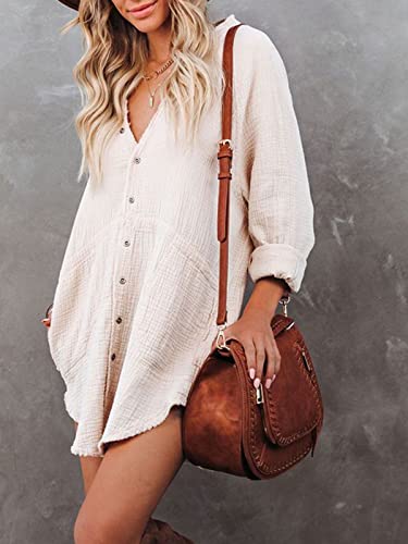 Paintcolors Women's Long Sleeve Cotton Button Down Tunic Dresses Beach Cover-Ups Oversized Blouse Tops With Pockets-Apricot Xxl #TOP3