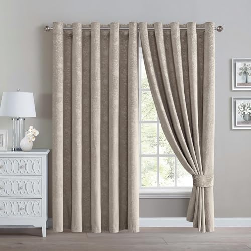 Floral Jacquard Velvet Curtain Pair - Heavyweight and Noise Reducing - Room Darkening Eyelet - Fully Lined for Thermal Insulation - Includes Two Tiebacks (Beige, 66" x 72" (168 x 183 cm)) - Image 6