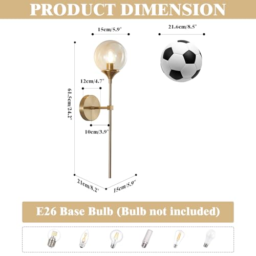Image of KCO Mid-Century Modern Wall Mounted Sconces Set of 2 Amber Glass Globe Wall Lamps with Long Arm Industrial Gold Wall Lights Fixture for Bedroom Bedside Stairway Hallway