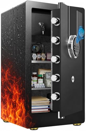 9.0 Cuft Large Fireproof Waterproof Safe for Home, 1800°F Fire Protection for 30 Minutes, 85 LBS Heavy Duty Biometric Safe with Fingerprint Keypad Lock, Anti-Theft Alarm for Documents