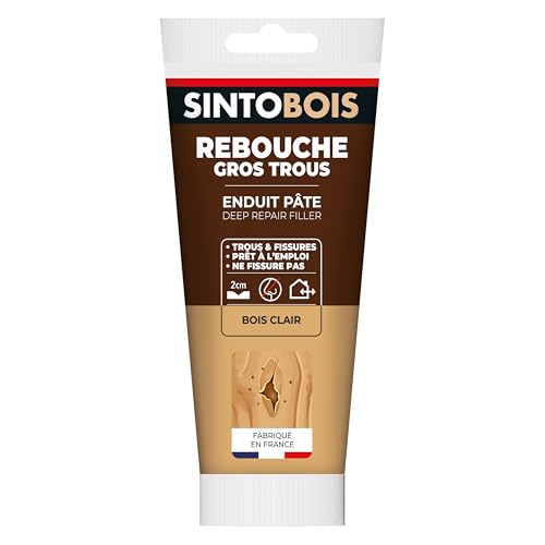 SINTOBOIS - Rebouche Gros Trous - Prêt à Emploi - Sec en 15h à 24h - Se Ponce & se Peint - Intérieur Exterieur- S'utilise Comme un Enduit -Ne Fissure Pas - Bois Clair- Technique Professionnelle- 330 g