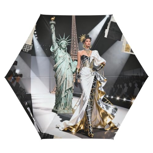 GuoChe Fashion Show Statue Of Liberty & Eiffel Tower UV50+ Automatic Umbrella In the Beach Windproof Sun-proof Waterproof Travel Umbrella Auto Open