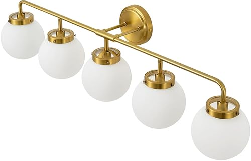 Miniatura 8 de Lámparas de baño doradas para tocador sobre el espejo, moderno aplique de pared de 5 luces con pantalla de globo de vidrio blanco