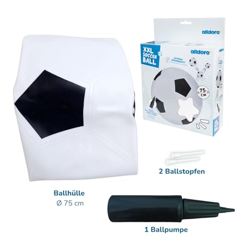 alldoro 60298 XXL Fußball Ø 75 cm groß, aufblasbarer Spielball mit mega Sprungkraft, Kinderball aus Gummi, Indoor & Outdoor, Schwarz/Weiß