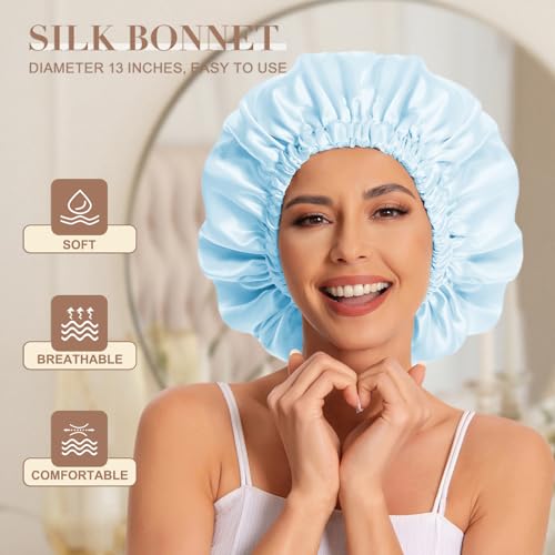 Satin Bonnet Silk Bonnet Hair Bonnet for Sleeping-Slouchy Beanie Hat Satin Sleep Cap for Women's Natural & Curly Hair(Blue) - Thumbnail 2