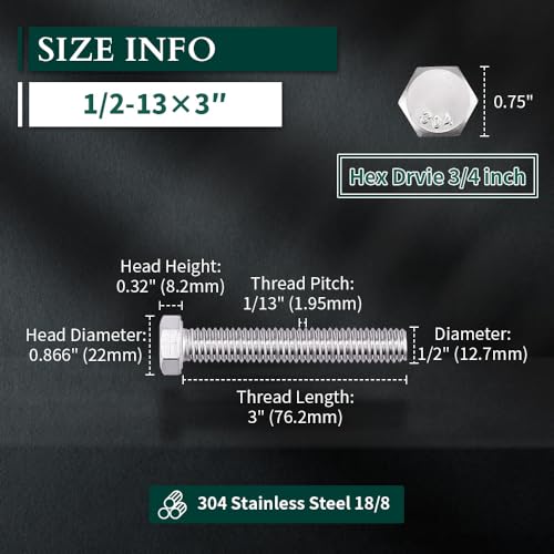 Image of 1 /2-13 x 3 Hex Head Bolts Screws, 304 Stainless Steel 18-8, Fully Threaded, Hexagon Head Cap Bolts Screws, Coarse Thread UNC, 5 PCS