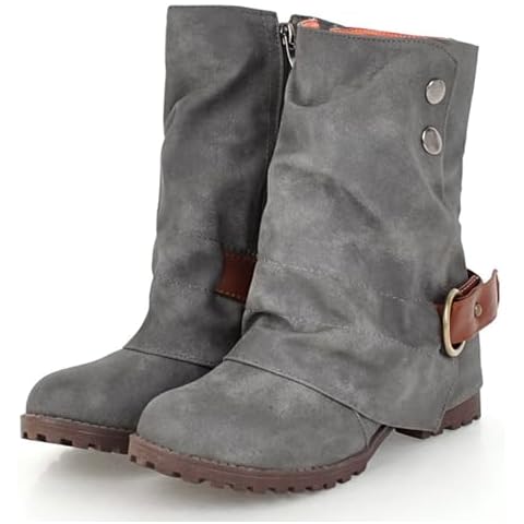 Wavyvigs Slouch Ankle Boots Fold Over Lug Sole Chunky Heel Booties with Bukle Grey Marked Size 39 Cover