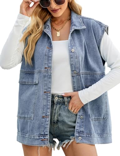 Image of Sukany Women's Casual Denim Vest Sleeveless Button Down Waistcoat Oversized Distressed Jean Jackets (Blue,L)