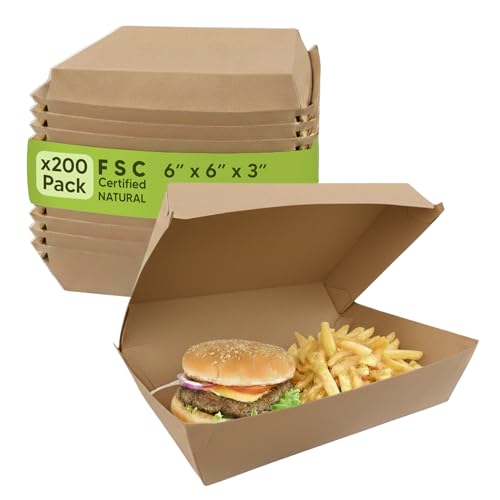 Verdalane BULK Corrugated Cardboard Clamshell Containers 200 Pack | Hinged Food Delivery Boxes | Eco-Friendly, Plain, Recyclable To-Go Packs for Burgers, Hoagies & Catering - Kraft, Kraft - 6x6x3