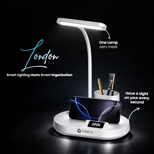 Image of Toreto London Smart LED Desk Lamp with Digital Clock, 45-Min Timer, 3 Light Modes, Detachable Pen Holder, Touch Control, Type-C Charging, ABS Body (White)