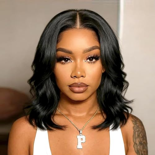 Douyin Glueless Wigs Human Hair Pre Plucked Pre Cut Wear and Go Drawstring Body Wave 2x6 Hd Lace Closure 14 Inch Middle Part Bob Wig Human Hair Short 180 Dentisty Lace Front Wigs for Black Women