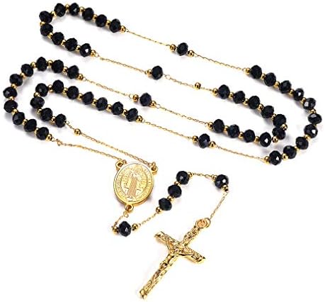 FaithHeart Rosary Beads Catholic Necklace for Women Saint Christopher/Michael/Virgin Mary Pendant Stainless Steel Crucifix Cross Charm Extra Long Chain Christian Amulet (6 Colours)
