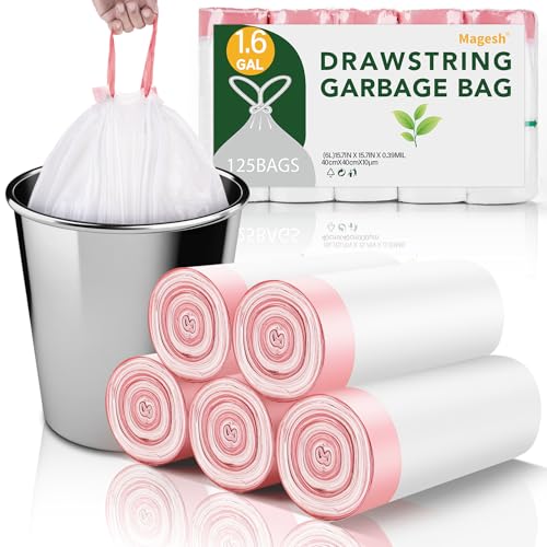 Drawstring Smal Trash Bags 1.6-Gallon - Clear White 125 Count Mini Bulk Disposable Garbage Bag Strong Thick Tiny Plastic Can Liners for Kitchen Bathroom Office Car Waste Basket No Scent