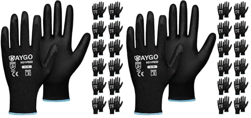 Image of KAYGO Safety Work Gloves PU Coated,12 Pairs KG11PB Seamless Knit Glove for Men and Women, with Smooth Grip on Palm and Fingers, Ideal for General Duty Work (Medium, Black) (Pack of 2)