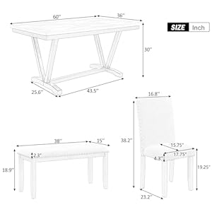 6 Pieces Dining Table Set with Bench, Rectangle Dining Table with 4 Upholstered Chairs & a Bench, Wood Kitchen Table Chairs Set for 6 Persons, Modern Style Dining Room Set (White +Black) 6 Pieces Dining Table Set with Bench Rectangle Dining Table with 4 Upholstered Chairs a Bench Wood Kitchen Table Chairs Set for 6 Persons Modern Style Dining Room Set White Black