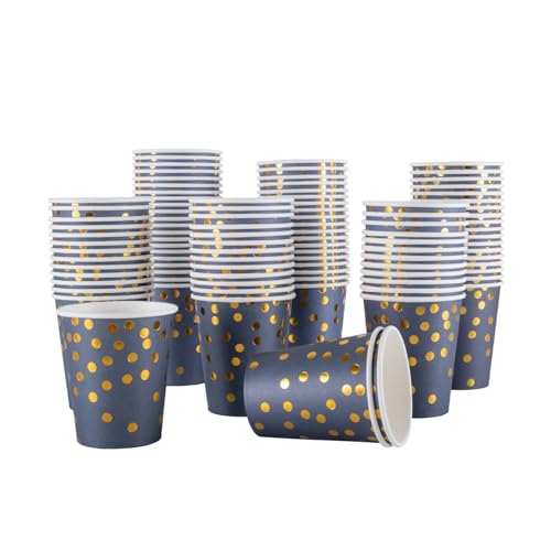 CEILIWEN Confezione da 100 bicchieri di carta per bevande calde e fredde, 250 ml, colore: blu navy e a pois dorati, ideali per matrimoni, celebrazioni ed eventi