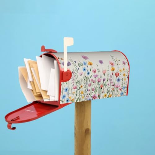 Image of Spring Summer Floral Mailbox Cover Magnetic Watercolor Wildflower Herb Flowers Weather Resistant Mailbox Wrap Post Cover 21x18 Inch Standard Size for Yard Garden Outside Decor
